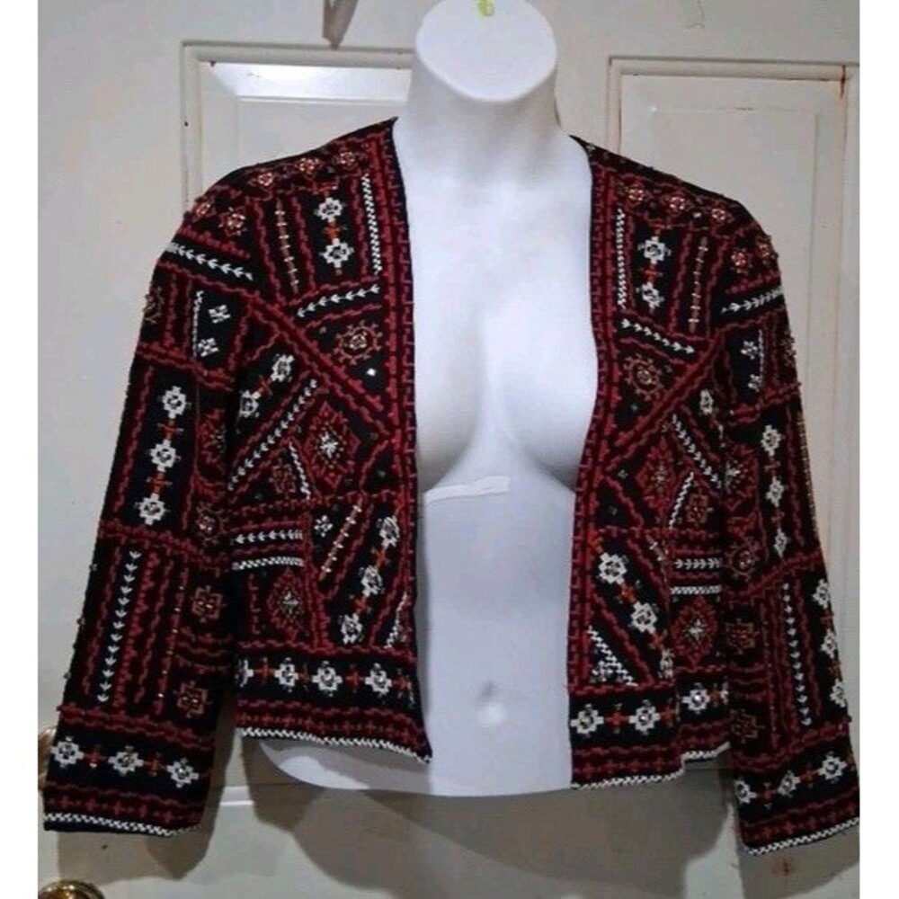 A674 ZARA WOMAN HAND MADE RED JACKET EMBROIDERED BLAZER COAT MEDIUM - M